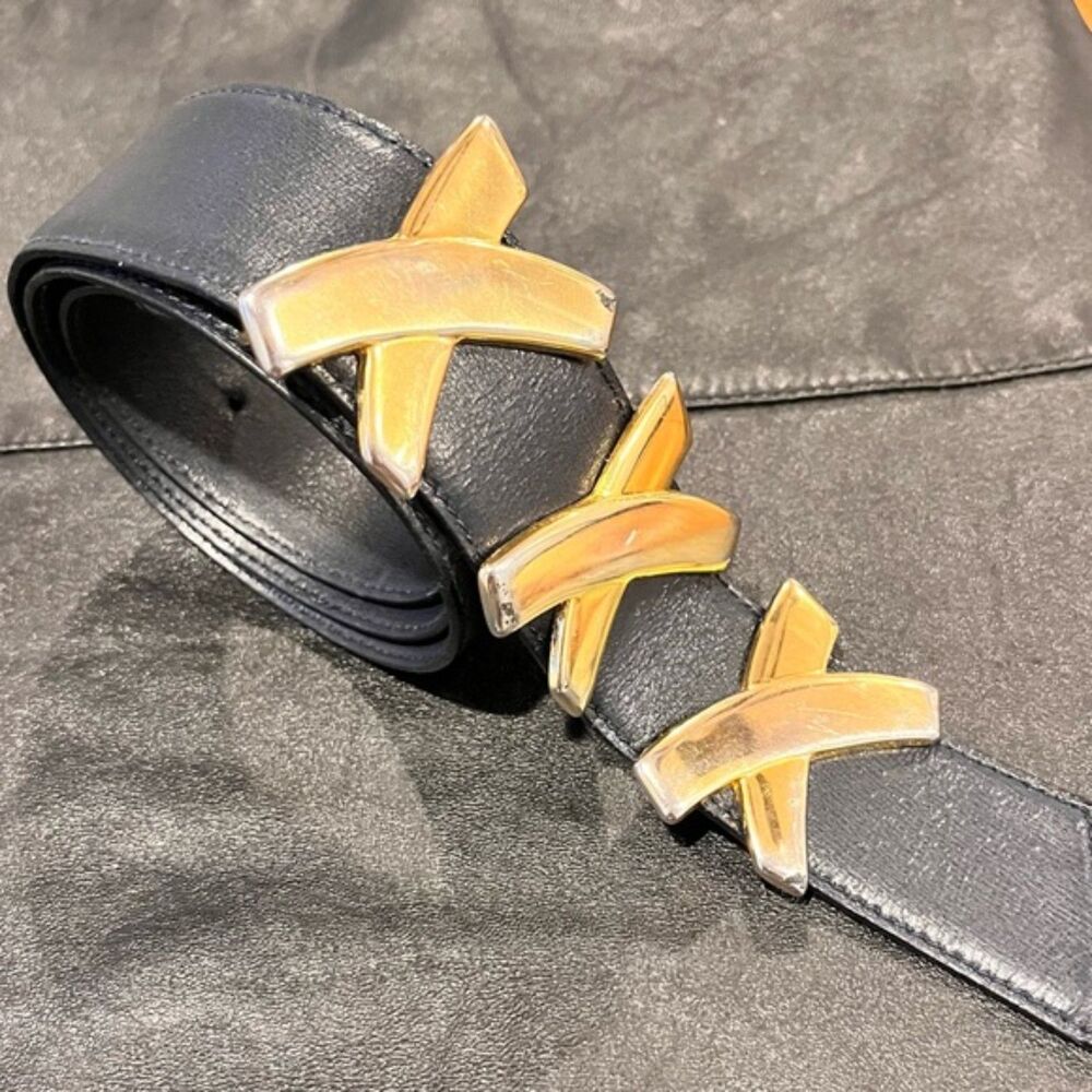 Vtg Paloma Picasso Gold Triple X Kiss Buckle Dark Blue Leather Belt Size Medium